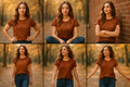 Woman wearing bohemian tshirt fall colors. Woman modeling in five different poses.  